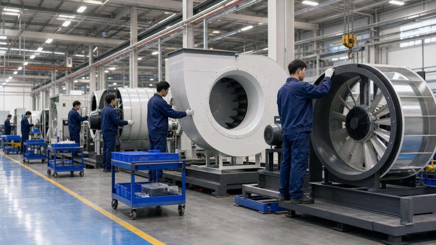 Technicians assembling axial and centrifugal industrial fans