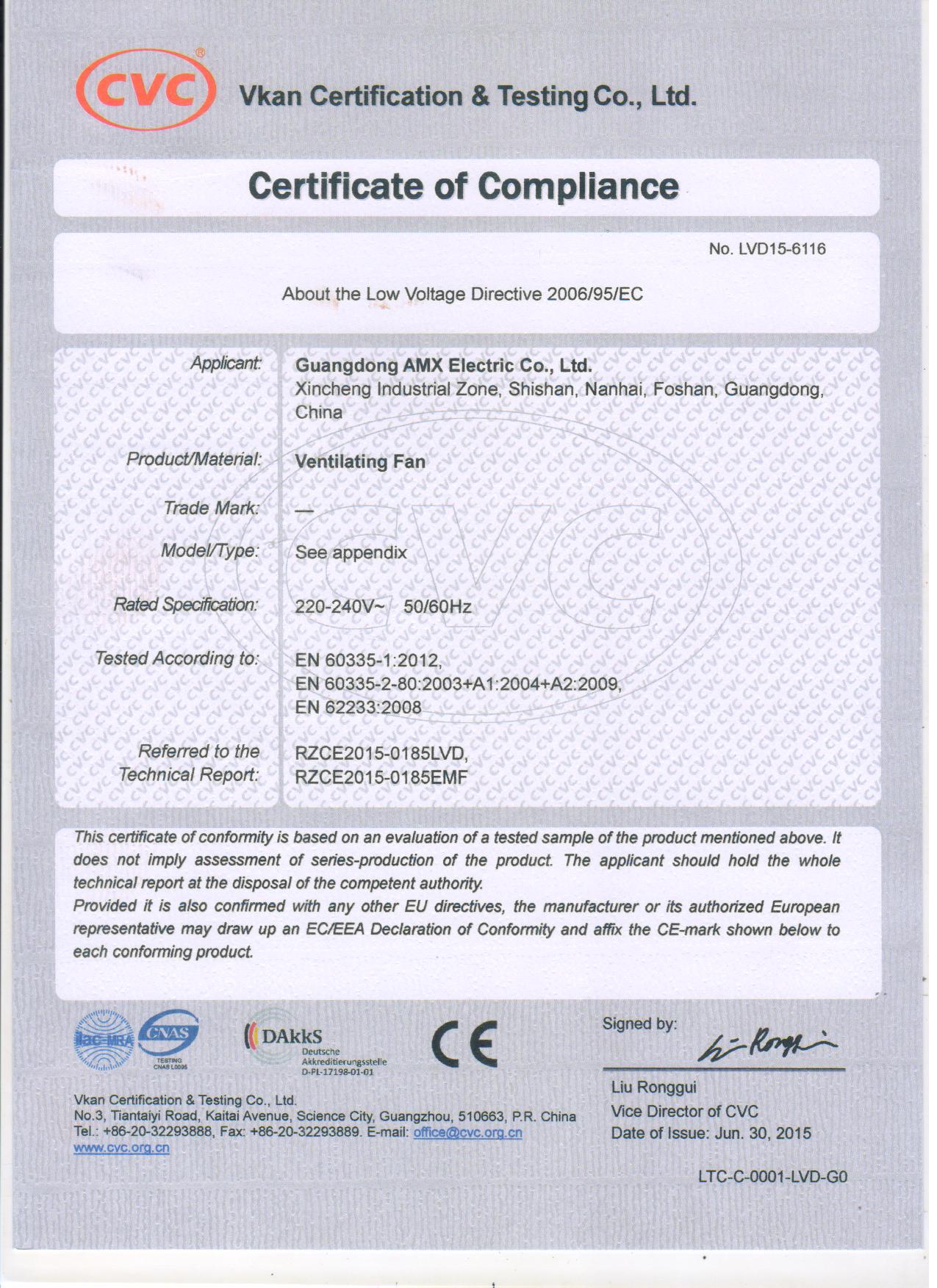 APB and ASB ventilation fan CE low-voltage compliance certificate
