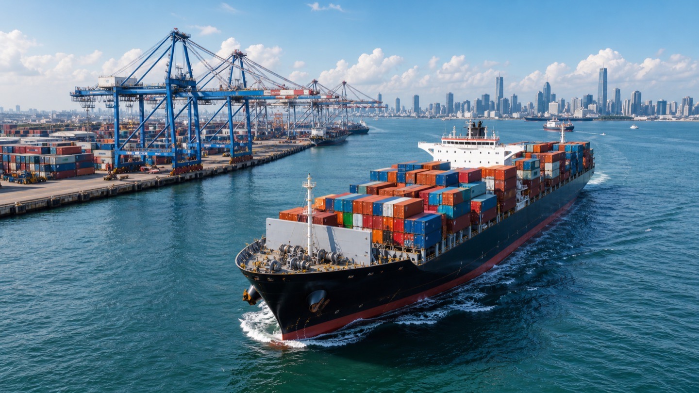 Container ship leaving a modern international trade port