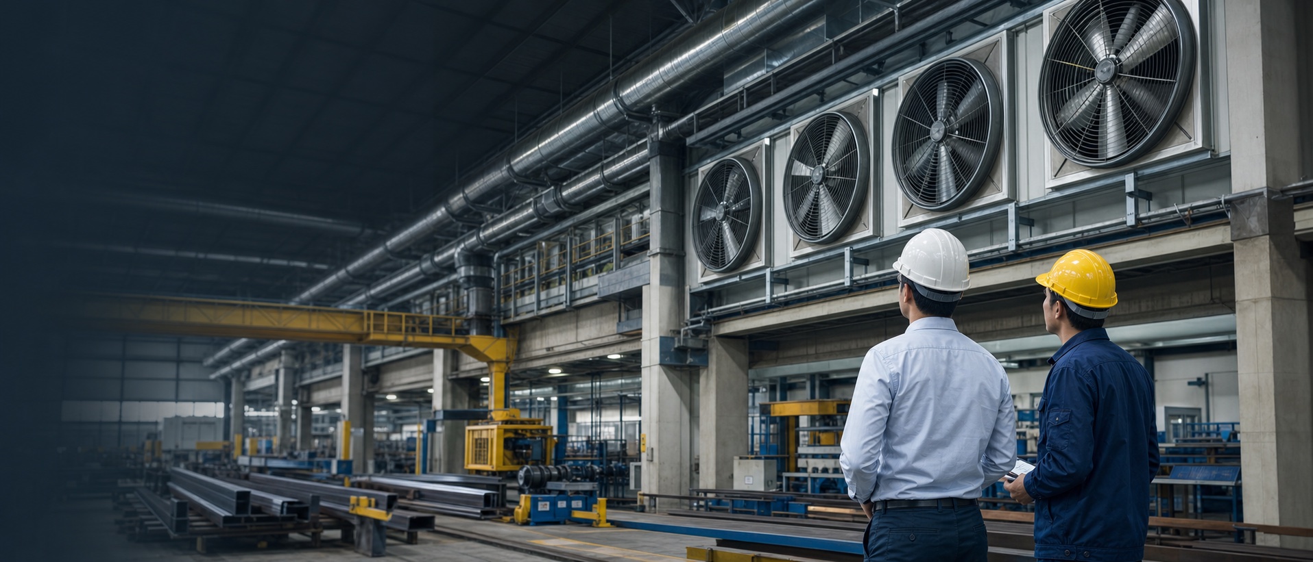 Engineers reviewing an industrial factory ventilation installation