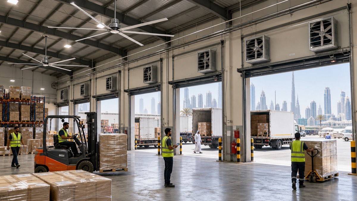 Dubai logistics warehouse loading bay ventilation solution with DFS and EG fans