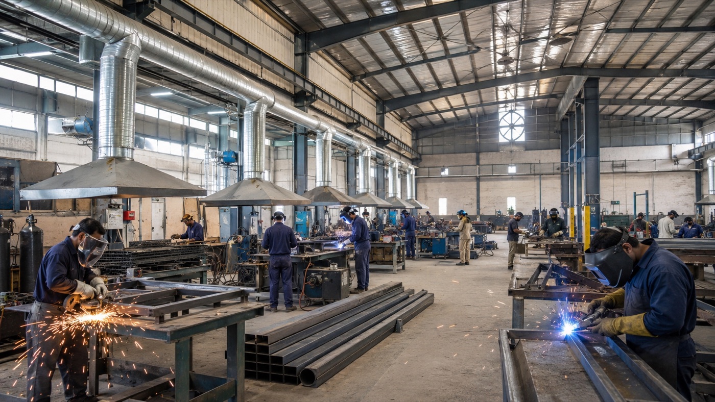 Karachi metal fabrication workshop with welding fume extraction ducting installed